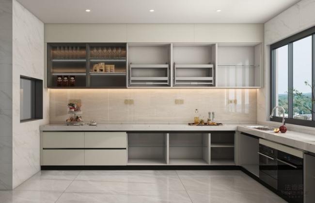 Off-White Stainless Steel U-Shaped Kitchen Cabinet With Seamlessly Integrated Design - Kitchen Cabinet detail view 2