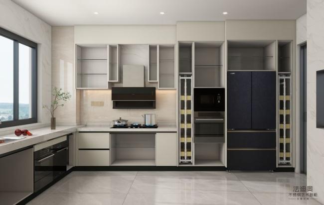 Off-White Stainless Steel U-Shaped Kitchen Cabinet With Seamlessly Integrated Design - interior organization