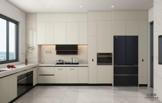 Off-White Stainless Steel U-Shaped Kitchen Cabinet With Seamlessly Integrated Design - White with kitchen cabinet overview