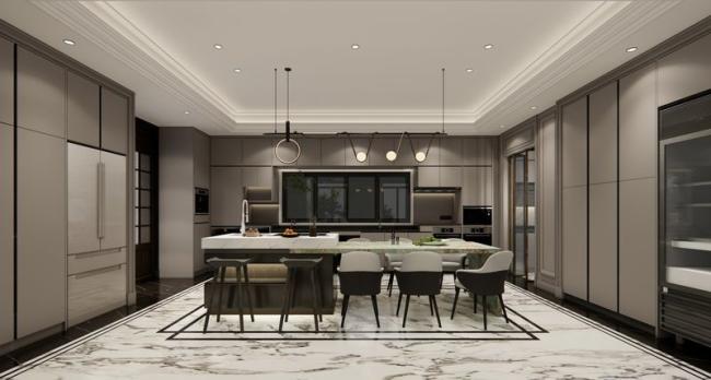 Fadior U-Shaped Luxury Stainless Steel Kitchen With Striking Island - Matte dark brown stainless steel cabinets, offering a scratch-resistant and easy-to-clean finish with kitchen cabinet overview