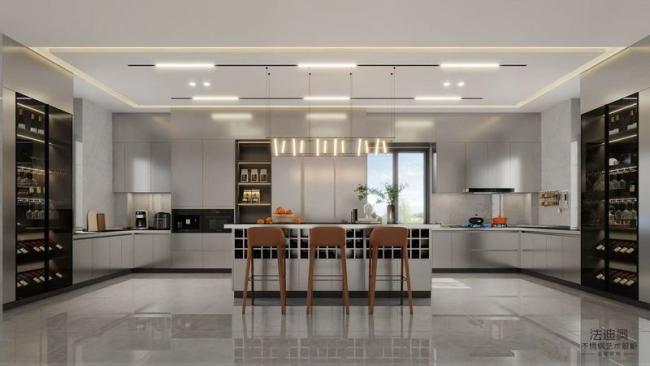 Fadior U-Shaped Original Stainless Steel Color Kitchen Cabinet With Wine Storage Island - U-shaped layout with a central island, maximizing storage and workspace
