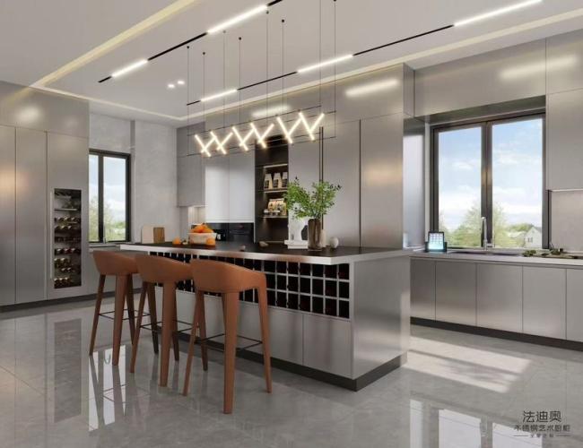Fadior U-Shaped Original Stainless Steel Color Kitchen Cabinet With Wine Storage Island - Original stainless steel color, providing a timeless and versatile look that complements any kitchen style. with kitchen cabinet overview