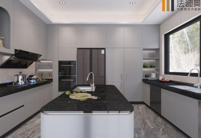 Fadior Muted Gray Stainless Steel Kitchen Cabinet With Galaxy Island - feature detail