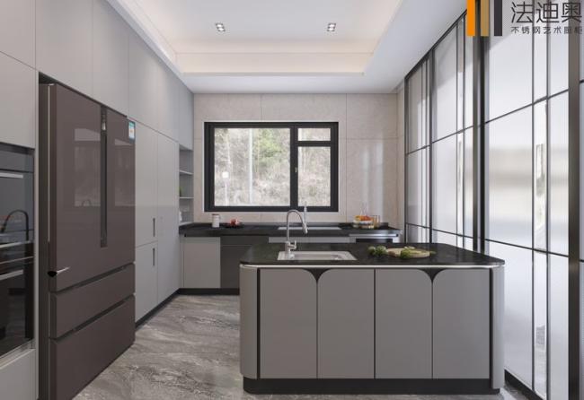 Fadior Muted Gray Stainless Steel Kitchen Cabinet With Galaxy Island - L-shaped layout with interior organization