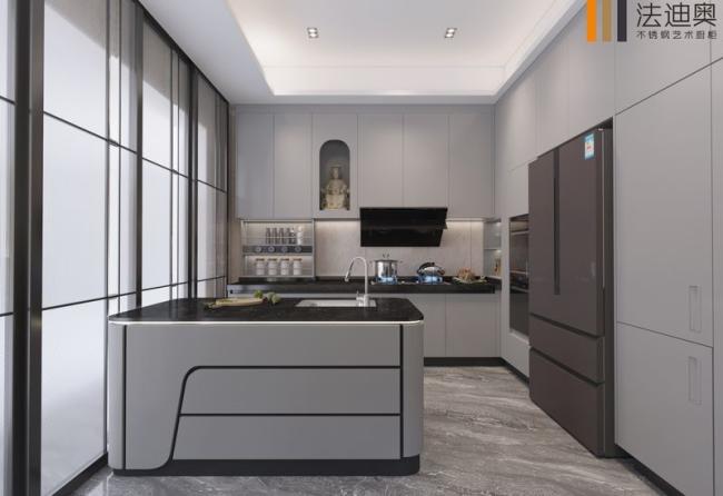 Fadior Muted Gray Stainless Steel Kitchen Cabinet With Galaxy Island - Gray with kitchen cabinet overview