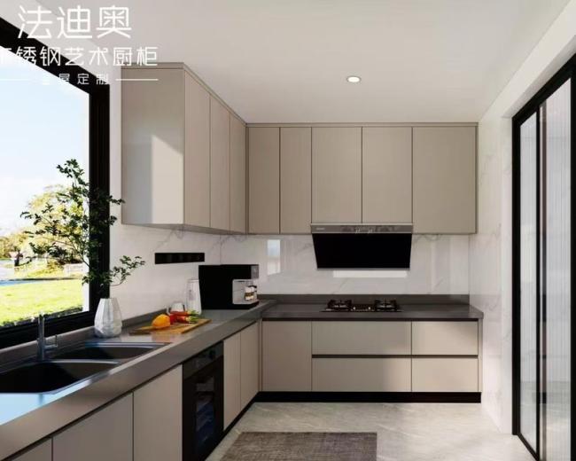 Fadior U-Shaped Stainless Steel Kitchen Cabinet With Warm Apricot Door Panel Design - Stainless steel countertops, providing a durable, easy-to-clean surface for daily use. with feature detail