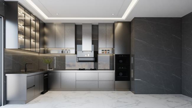 Fadior Matte Black Stainless Steel Kitchen Cabinet With Under-Cabinet Ambient Lighting - Matching stainless steel worktop for a cohesive design with feature detail