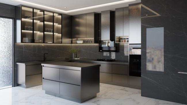 Fadior Matte Black Stainless Steel Kitchen Cabinet With Under-Cabinet Ambient Lighting - L-shaped layout with interior organization