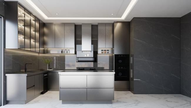 Fadior Matte Black Stainless Steel Kitchen Cabinet With Under-Cabinet Ambient Lighting - kitchen cabinet overview