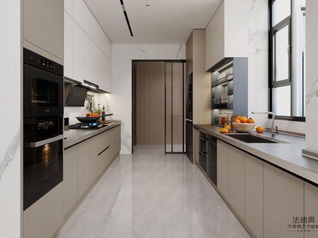 Off-White Stainless Steel U-Shaped Kitchen Cabinet With Seamlessly Integrated Design - Premium-grade stainless steel for durability, water resistance, and with room context
