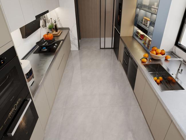 Off-White Stainless Steel U-Shaped Kitchen Cabinet With Seamlessly Integrated Design - High-quality black stone countertop with feature detail