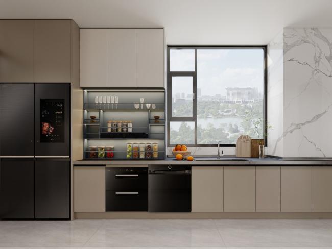 Off-White Stainless Steel U-Shaped Kitchen Cabinet With Seamlessly Integrated Design - L-shaped layout with interior organization