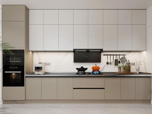 Off-White Stainless Steel U-Shaped Kitchen Cabinet With Seamlessly Integrated Design - kitchen cabinet overview
