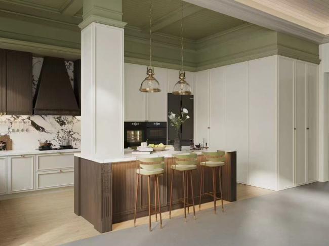 Fadior French Duotone Elegance: White & Black Stainless Steel Kitchen with Softwood Accents - Full layout and module customization available; color and configuration flexibility per room size with feature detail