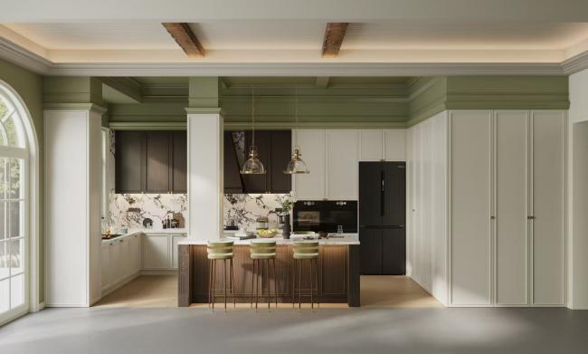 Fadior French Duotone Elegance: White & Black Stainless Steel Kitchen with Softwood Accents - interior organization