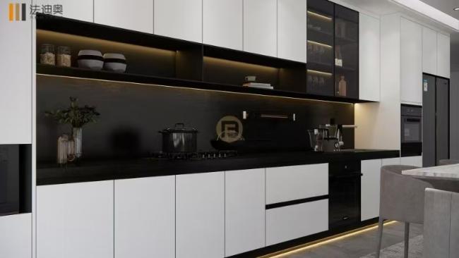 Fadior Stainless Steel Matte Black Kitchen Cabinet With Integrated Island Counter Stainless Steel - Hidden under-cabinet LED strip + interior cabinet lighting with feature detail