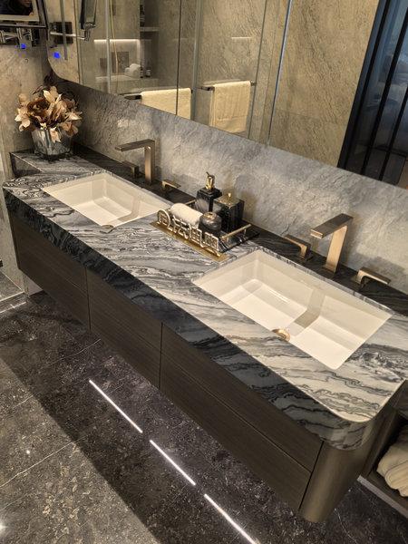 Fadior Luxe Arc â Stainless Steel Bathroom Vanity With Woodgrain Doors & Quartz Top - Doors: Warm woodgrain with bathroom vanity overview