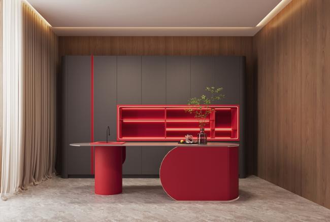 Line Shaped Stainless Steel Kitchen Cabinet With Black And Red Accent Design - feature detail