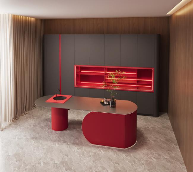Line Shaped Stainless Steel Kitchen Cabinet With Black And Red Accent Design - interior organization