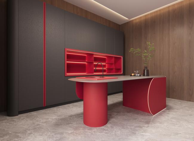 Line Shaped Stainless Steel Kitchen Cabinet With Black And Red Accent Design - kitchen cabinet overview