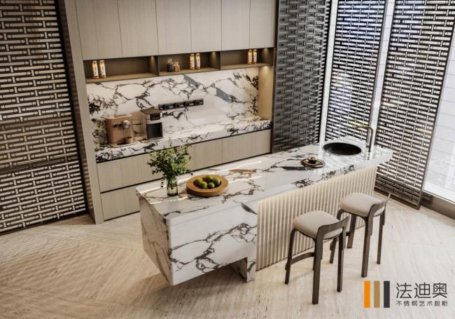 Fadior Steel Kitchen With Wood Grain & Marble Top 304-Grade Anti-Rust And No VOC - kitchen cabinet overview