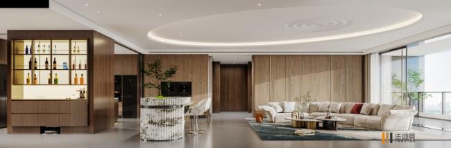 Fadior Celestial Harmony Kitchen Stainless Steel And Woodgrain Fusion With Curved Island - Integrated LED strip lighting (3000K adjustable) for ambient and task illumination with feature detail