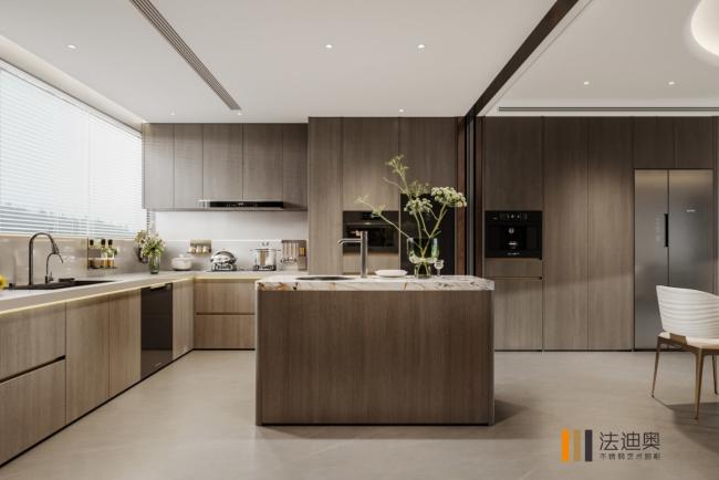 Fadior Celestial Harmony Kitchen Stainless Steel And Woodgrain Fusion With Curved Island - interior organization