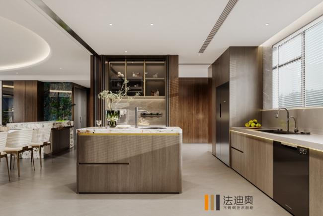 Fadior Celestial Harmony Kitchen Stainless Steel And Woodgrain Fusion With Curved Island - kitchen cabinet overview