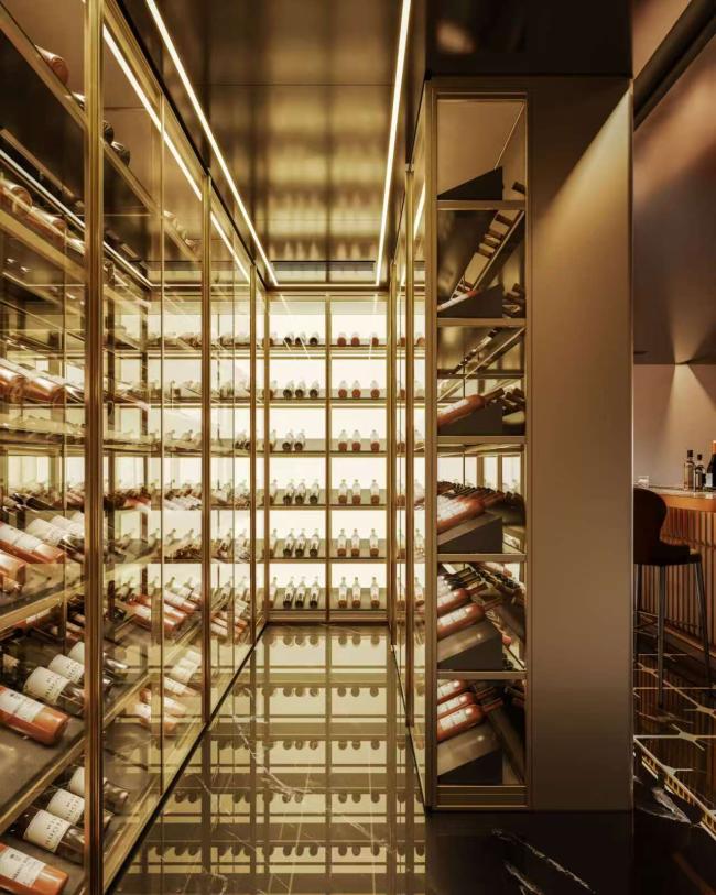 Fadior Golden Stainless Steel Wine Cellar Luxury Custom Bar With Warm Amber Finish - Energy-efficient LED backlighting in warm amber tones enhances the display and elevates the ambience. with feature detail