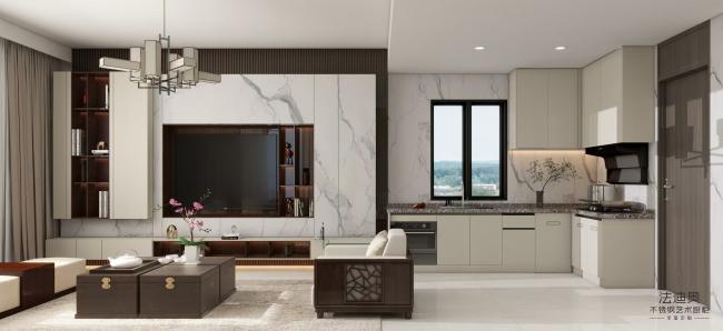 Fadior Modern Beige Stainless Steel L Shaped Kitchen Cabinet With Integrated Appliances - Polished granite-effect surface with feature detail