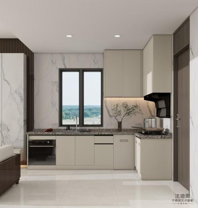 Fadior Modern Beige Stainless Steel L Shaped Kitchen Cabinet With Integrated Appliances - L-shaped layout with interior organization