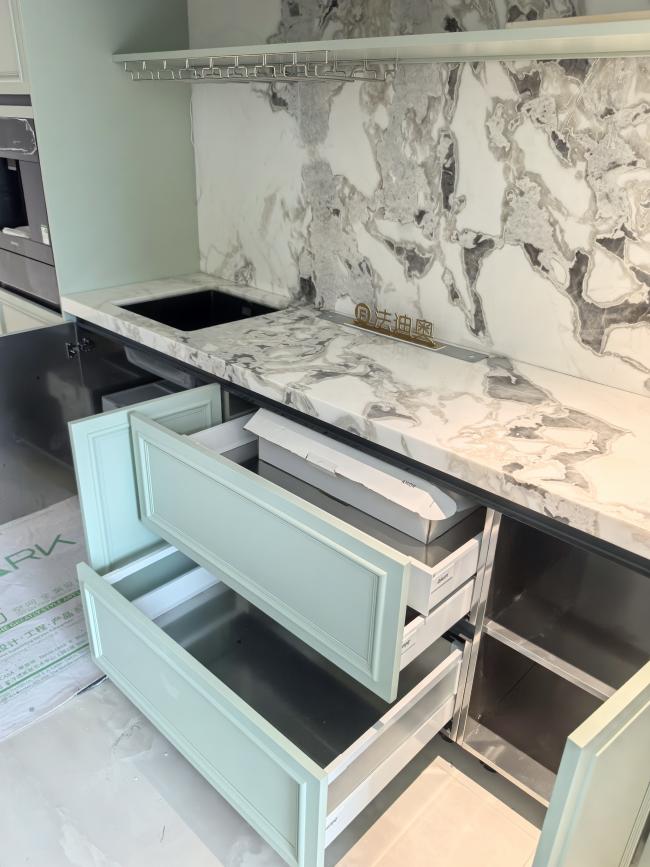Fadior Full Stainless Steel Custom Kitchen Cabinet - Elegant White & Mint Green, Island Layout - Constructed entirely from premium stainless steel, this cabinetry