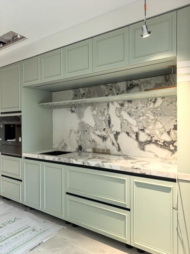 Fadior Full Stainless Steel Custom Kitchen Cabinet - Elegant White & Mint Green, Island Layout - interior organization
