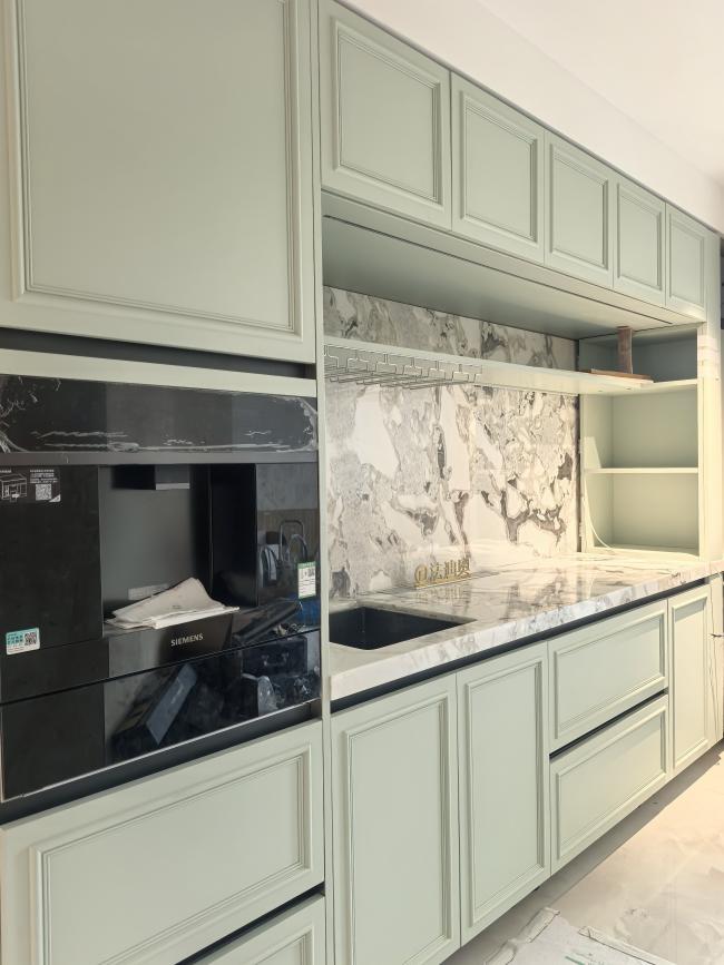 Fadior Full Stainless Steel Custom Kitchen Cabinet - Elegant White & Mint Green, Island Layout - kitchen cabinet overview