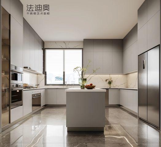 Fadior Full Stainless Steel Modern Gray U-Shaped Kitchen Cabinet with Island & Integrated Appliances - Gray with kitchen cabinet overview