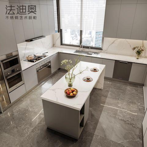 Fadior Full Stainless Steel Modern Gray U-Shaped Kitchen Cabinet with Island & Integrated Appliances - U-shaped layout with interior organization
