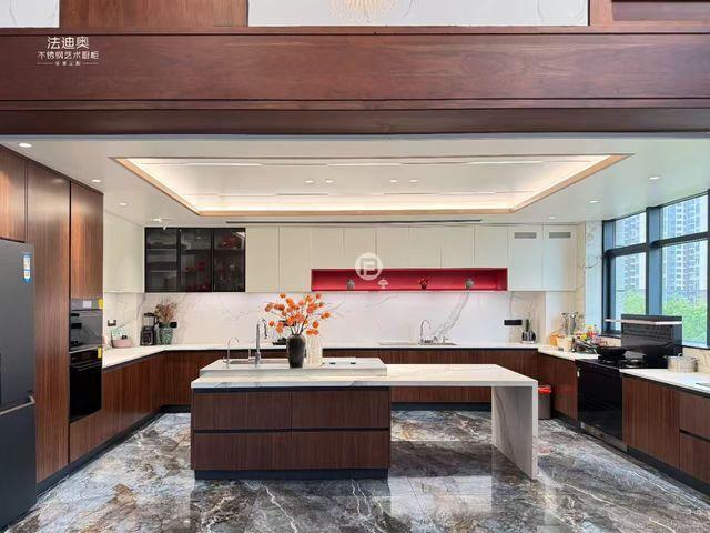 Fadior Multifunctional Wood-Grain Stainless Steel Custom Kitchen Cabinet with Island & Integrated Appliances - kitchen cabinet overview