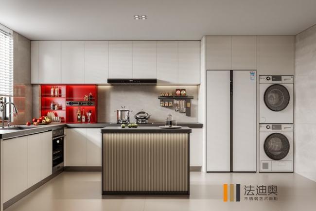 Fadior Full Stainless Steel Custom Kitchen Cabinet - Years Durability, Modern Contrast Color L-Shaped Layout with Smart Storage - Revamp your culinary space with the collection's full stainless steel with room context