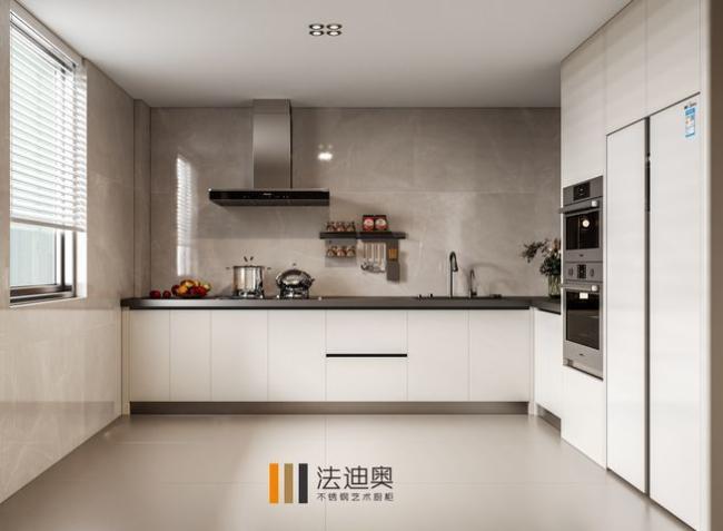 Fadior Full Stainless Steel Custom Kitchen Cabinet - Years Durability, Modern Contrast Color L-Shaped Layout with Smart Storage - L-shaped layout with interior organization