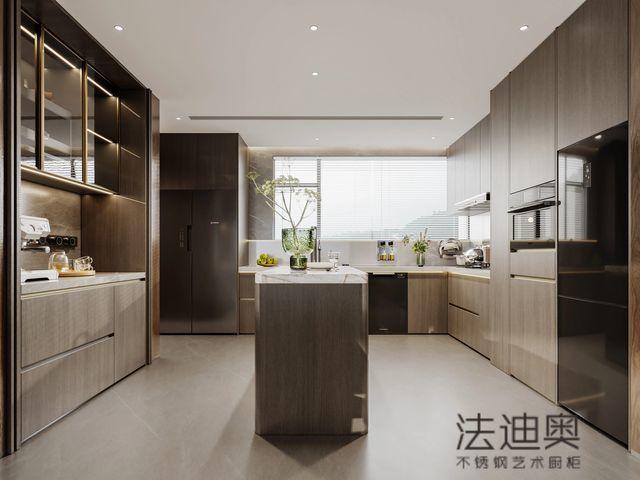 Fadior Stainless Steel Art Kitchen Cabinet - Wood-Tone Aesthetic, Island Layout, Premium Hardware & Custom Storage - Boasting a sophisticated wood-tone palette and a spacious island layout