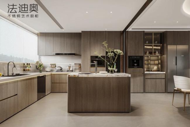 Fadior Stainless Steel Art Kitchen Cabinet - Wood-Tone Aesthetic, Island Layout, Premium Hardware & Custom Storage - feature detail