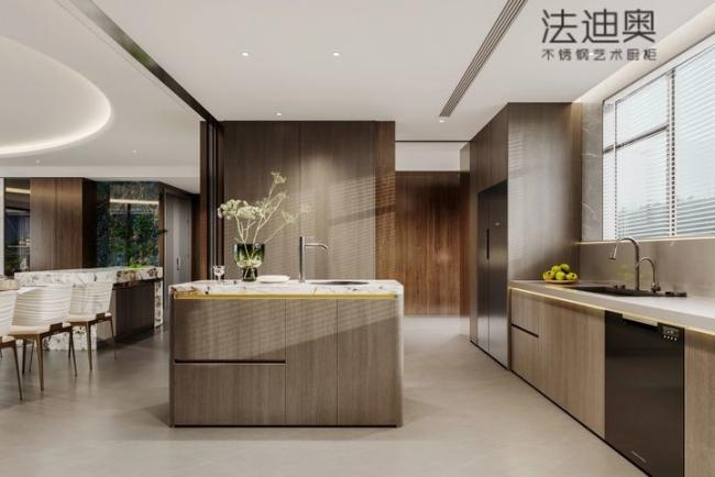 Fadior Stainless Steel Art Kitchen Cabinet - Wood-Tone Aesthetic, Island Layout, Premium Hardware & Custom Storage - Island-centered planning with interior organization