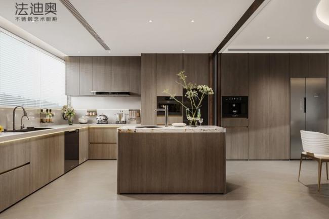 Fadior Stainless Steel Art Kitchen Cabinet - Wood-Tone Aesthetic, Island Layout, Premium Hardware & Custom Storage - kitchen cabinet overview