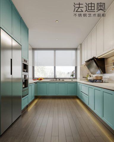 Fadior Stainless Steel Art Kitchen Cabinet - Turquoise & White Tone, L-Shaped Layout, Premium Hardware & Custom Storage - Featuring a striking turquoise and white color palette with an L-shaped