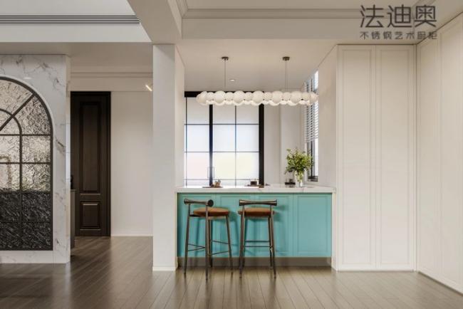 Fadior Stainless Steel Art Kitchen Cabinet - Turquoise & White Tone, L-Shaped Layout, Premium Hardware & Custom Storage - L-shaped layout with interior organization