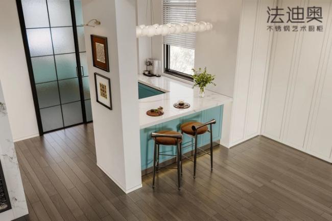 Fadior Stainless Steel Art Kitchen Cabinet - Turquoise & White Tone, L-Shaped Layout, Premium Hardware & Custom Storage - kitchen cabinet overview