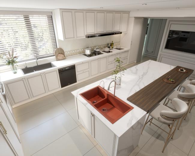 Fadior French Style White Color PureLine Stainless Steel Integrated Kitchen System With Functional Island - kitchen cabinet overview