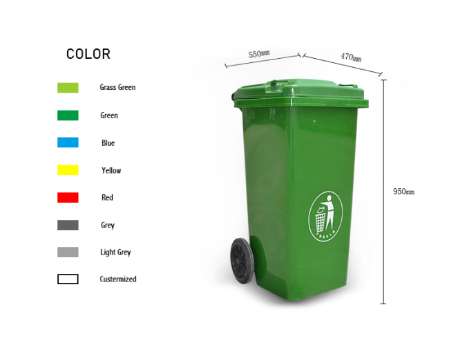 100l, 120l, 240l HDPE eco-friendly plastic dustbin with wheels and lid for park and street