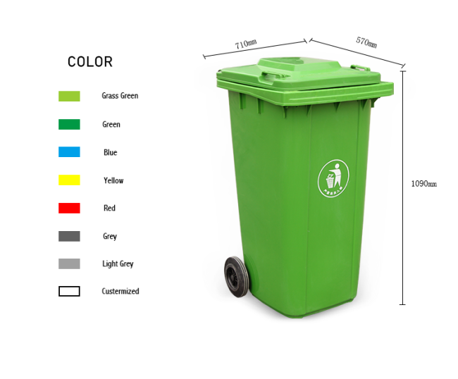 240L plastic outdoor wheeled recycling waste bin with cover grass green color