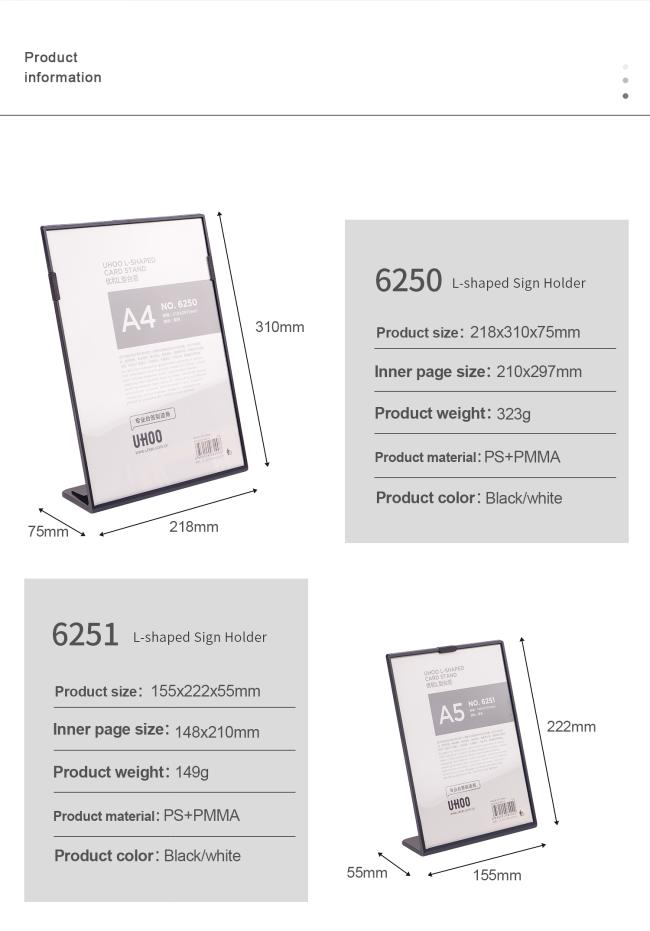 UHOO L-Shaped Card Stand Sign Holders Business Display A4/A5/A6